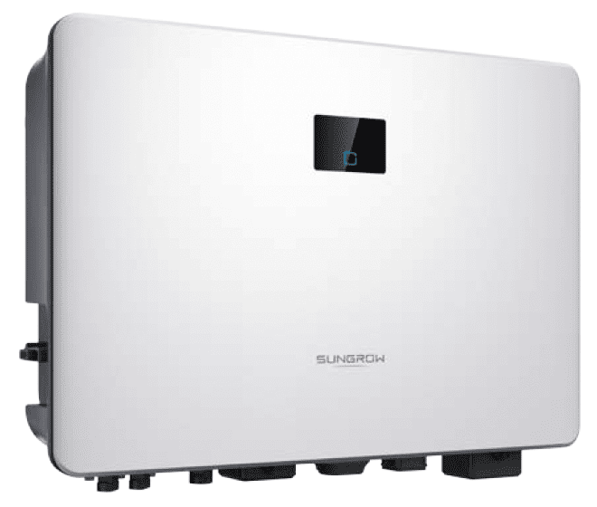 Inversor solar Sungrow blanc amb pantalla frontal i connectors inferiors