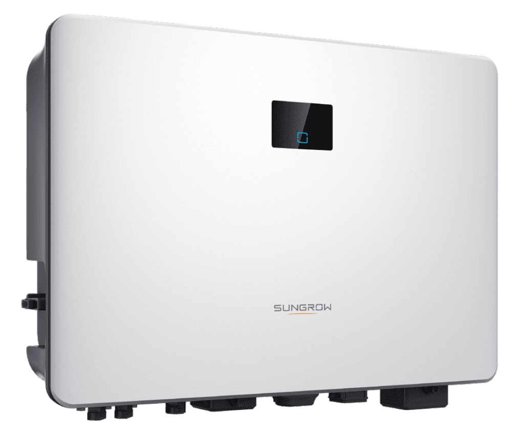 Vista frontal de l'inversor solar Sungrow blanc amb pantalla il·luminada en blau
