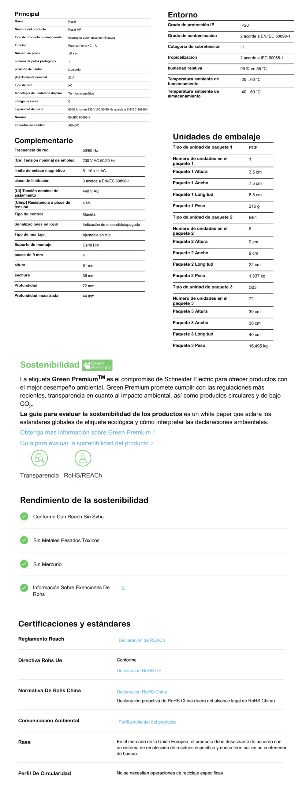 Especificacions del producte, informació de l'embalatge i rendiment en sostenibilitat de Schneider Electric