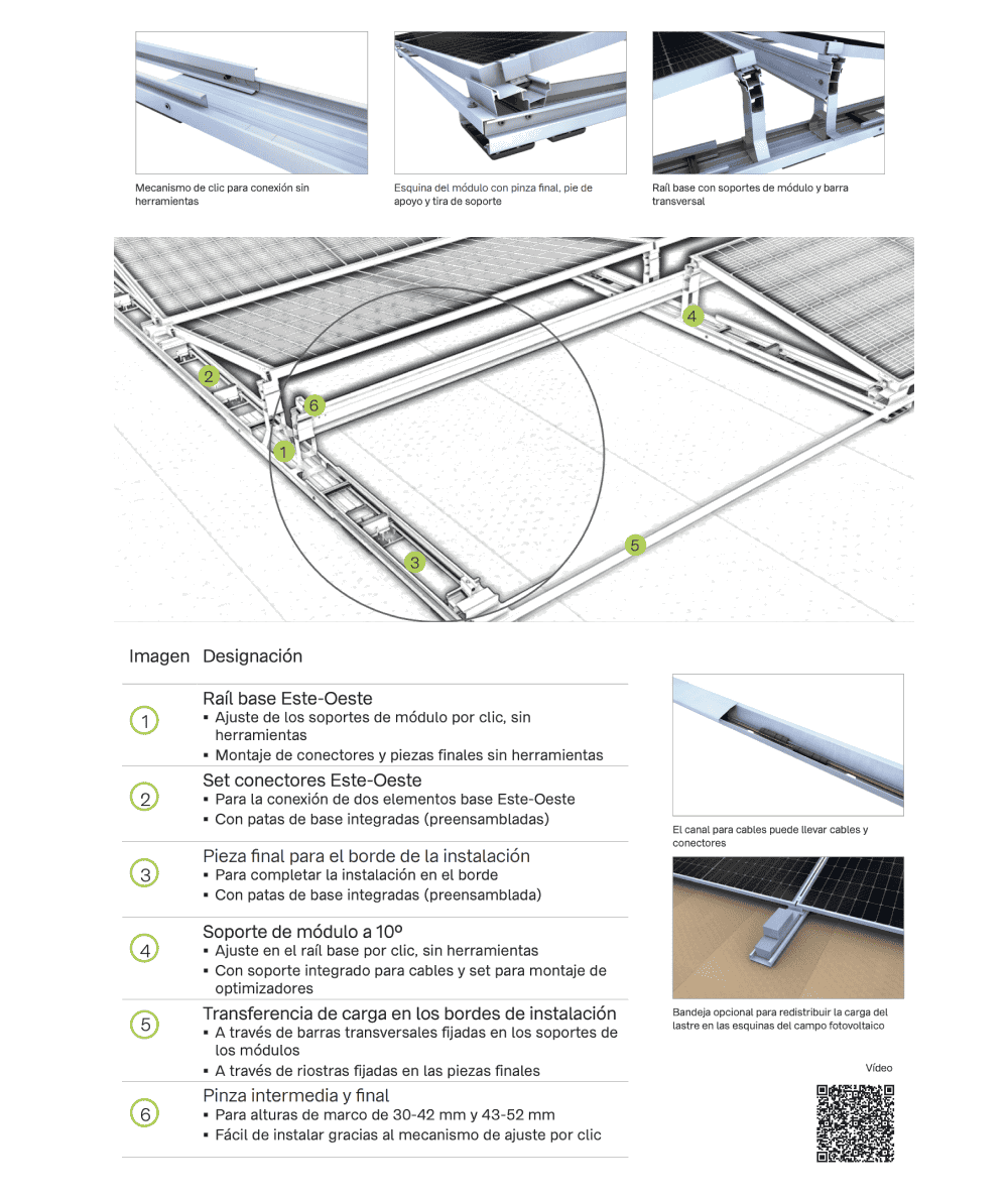 Raïl base est-oest amb mecanisme de clic, fixació final, suport de mòdul i bandeja per a cables