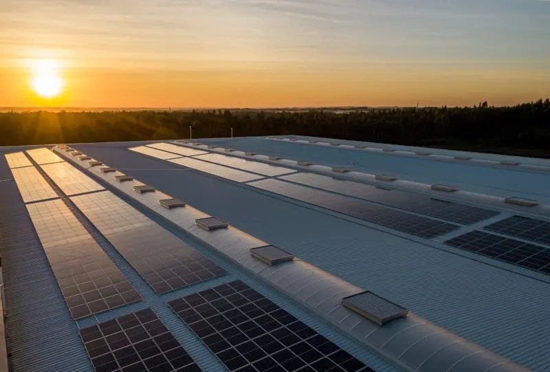 Solar panels on the roof of an industrial warehouse