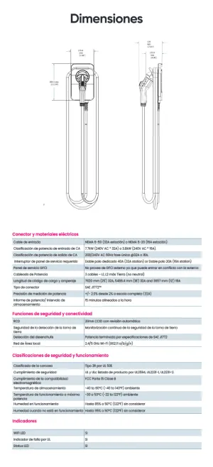 Dimensions and specifications of electric vehicle charging device