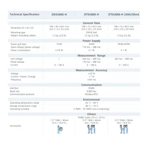 Especificacions tècniques dels comptadors intel·ligents d'energia DDSU666-H i DTSU666-H amb accessoris mostrats