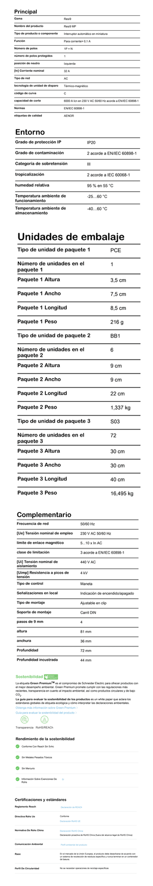 Especificacions tècniques, detalls de l'entorn i de l'embalatge per a un dispositiu Schneider Electric