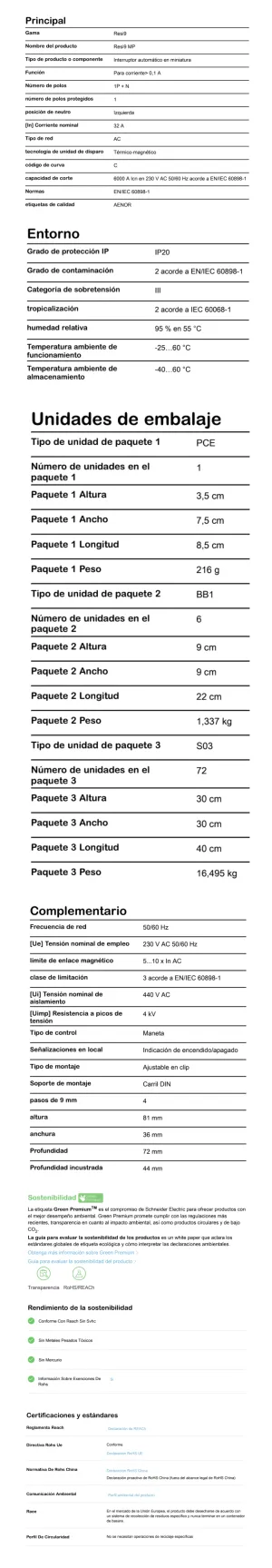 Technical specifications, environment and packaging details for a Schneider Electric device