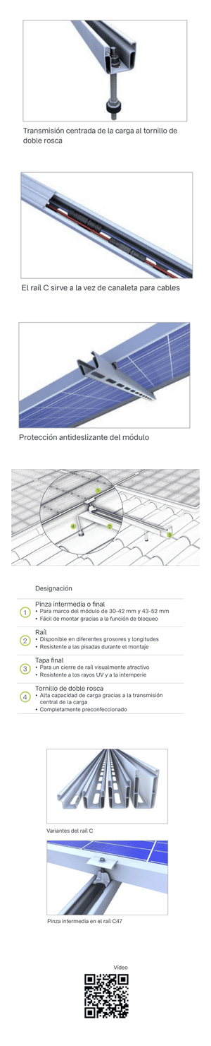 Sistema de raïls de muntatge per panells solars amb protecció antilliscant i canal de cables integrat