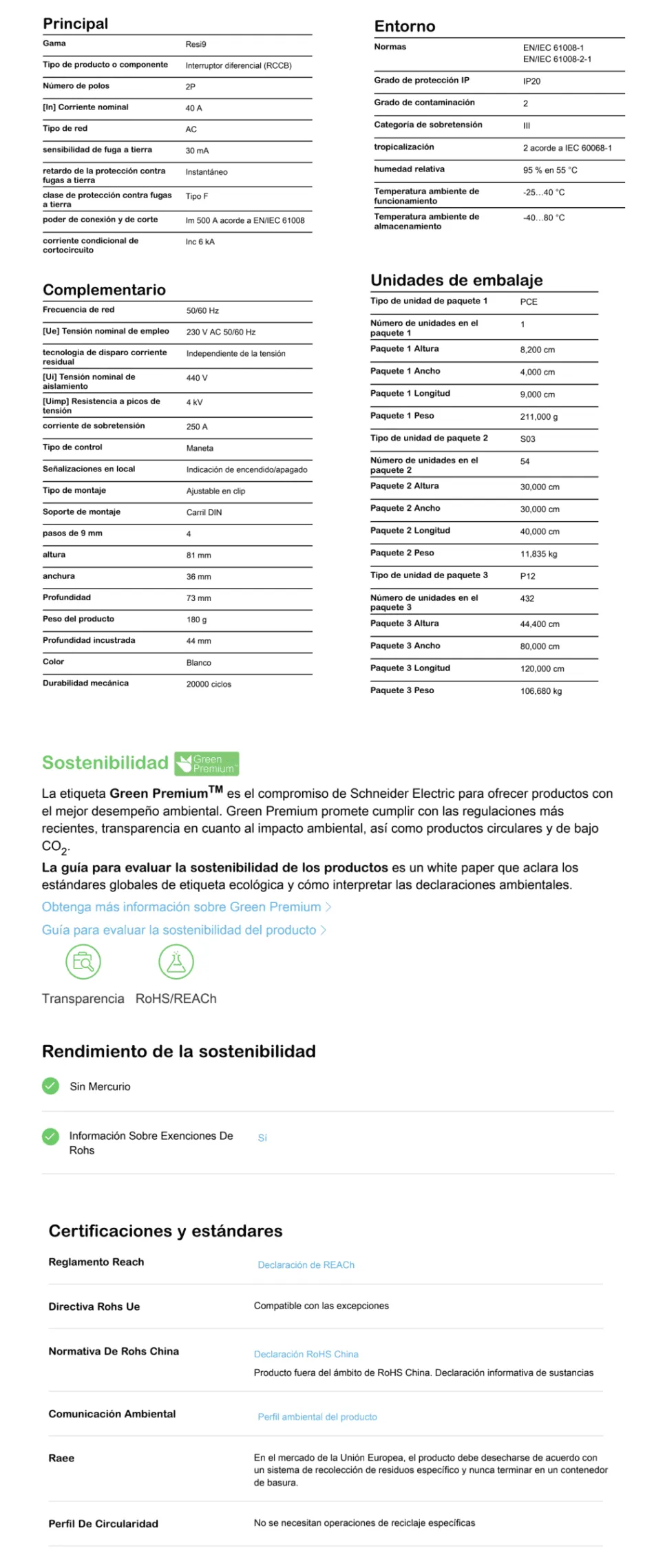Fitxa tècnica d'un interruptor automàtic Schneider Electric amb especificacions