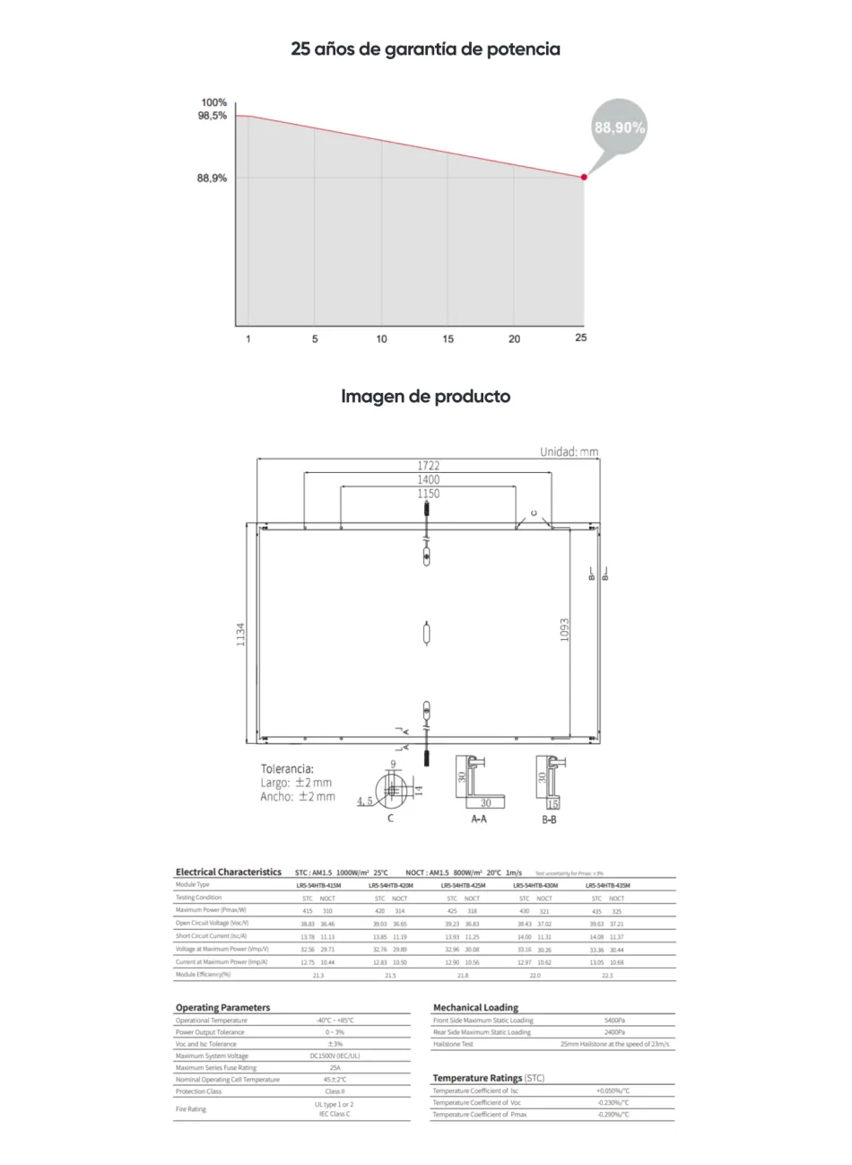 25-year power warranty with 88.9% performance and product technical drawing