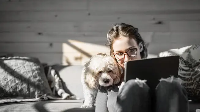 Noia treballant al costat del seu gos